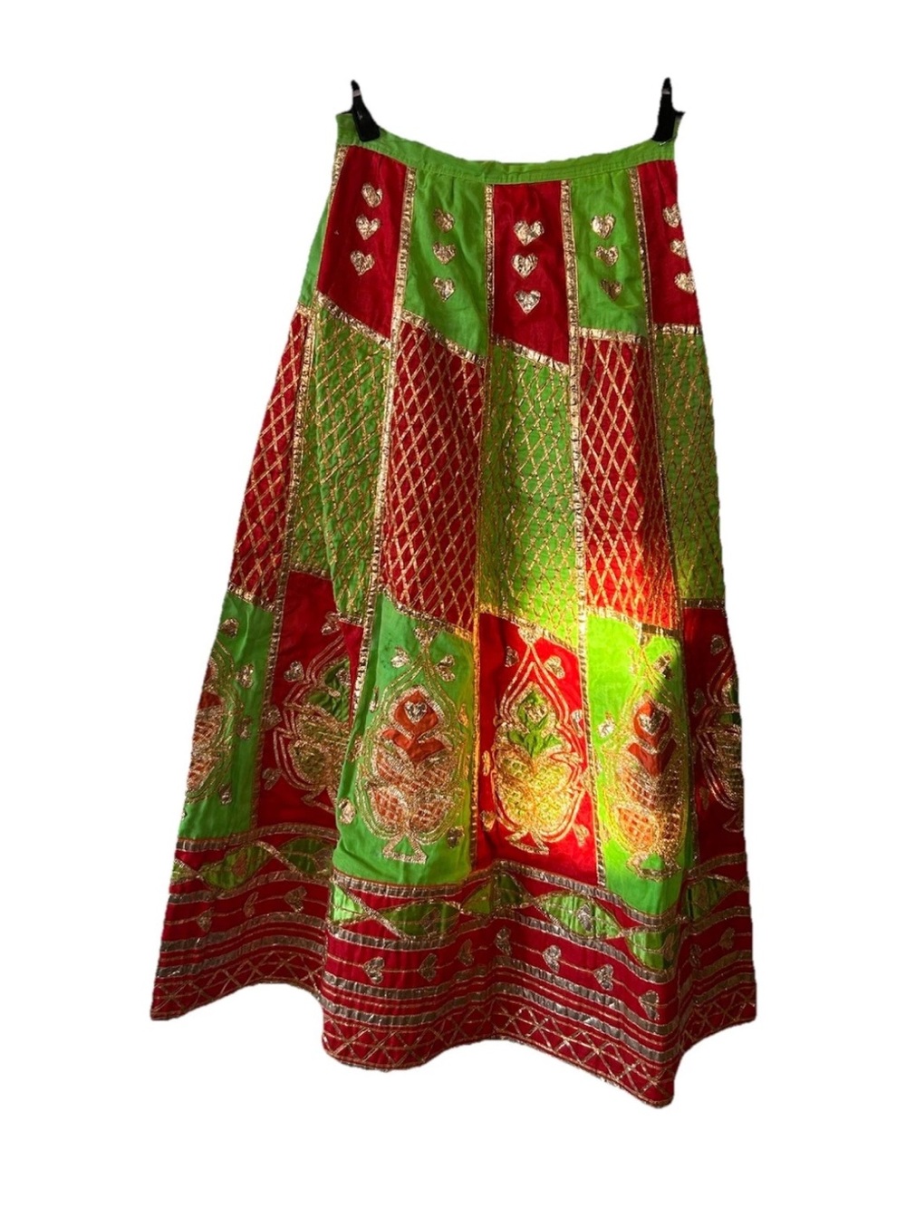 Vintage Indian Lehenga Skirt Red Green Gold Gota Patti Maxi Festival M/L